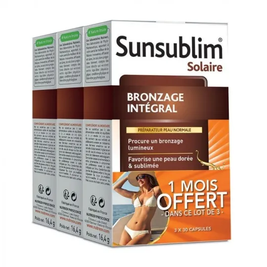 Nutreov Sunsublim Bronzage Intégral 3x30 Capsules dont 1 boite offerte Nutreov Sunsublim Bronzage Intégral 3x30 Capsules dont 1 boite offerte