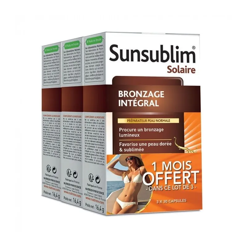 Nutreov Sunsublim Bronzage Intégral 3x30 Capsules dont 1 boite offerte Nutreov Sunsublim Bronzage Intégral 3x30 Capsules dont 1 boite offerte