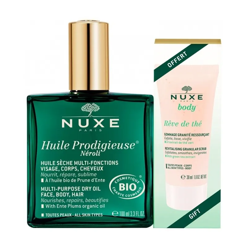 Nuxe Bio Huile Prodigieuse Néroli Vegan 100ml+ Nuxe Body Rêve de Thé Gommage 30ml OFFERT