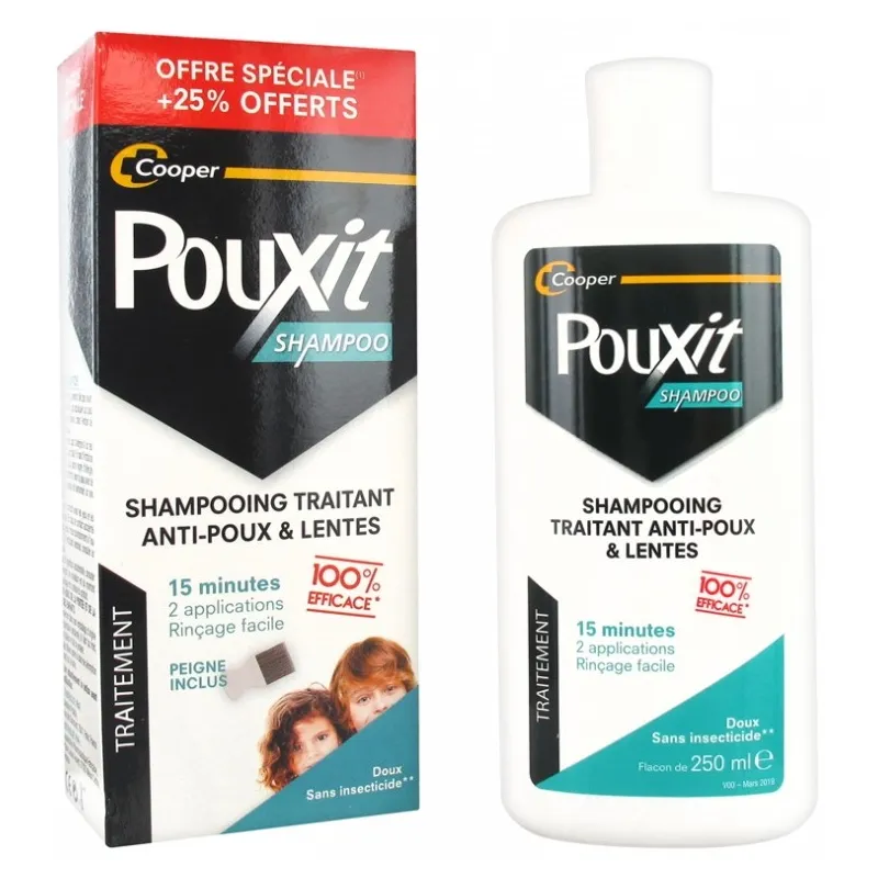 Pouxit Shampoo Shampooing anti poux et Lentes 250ml + Peigne dont 25% Offerts Pouxit Shampoo Shampooing anti poux et Lentes 250ml + Peigne dont 25% Offerts