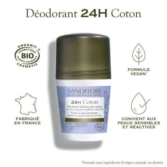 Sanoflore Déodorant 24 Heures Coton Bio et Vegan 50ml Sanoflore Déodorant 24 Heures Coton Bio et Vegan 50ml