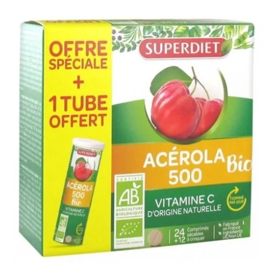 SuperDiet Acérola Bio 500mg 24 comprimés +12 OFFERTS SuperDiet Acérola Bio 500mg 24 comprimés +12 OFFERTS