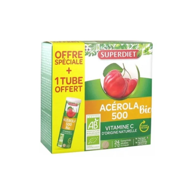 SuperDiet Acérola Bio 500mg 24 comprimés +12 OFFERTS SuperDiet Acérola Bio 500mg 24 comprimés +12 OFFERTS
