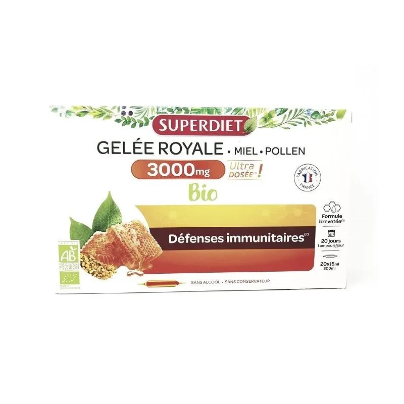 SuperDiet Gelée Royale 3000mg Bio 20 Ampoules de 15ml SuperDiet Gelée Royale 3000mg Bio 20 Ampoules de 15ml