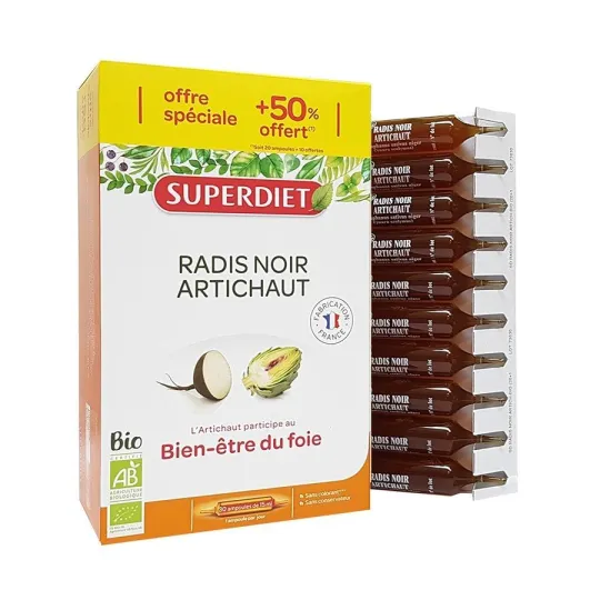 SuperDiet Radis Noir Artichaut Bio 20 ampoules + 10 offertes SuperDiet Radis Noir Artichaut Bio 20 ampoules + 10 offertes