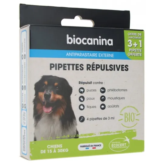 Biocanina Pipettes Répulsives 3+1Offerte Chiens 15 à 30KG Biocanina Pipettes Répulsives 3+1Offerte Chiens 15 à 30KG