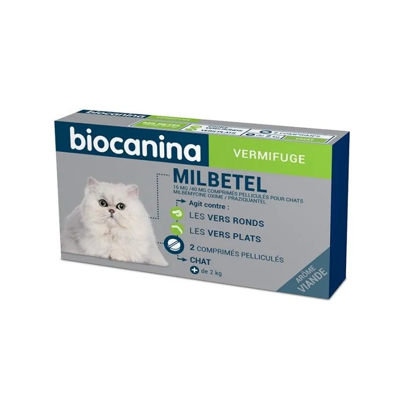 Biocanina Vermifuge Milbetel Chat 2 comprimés Arôme Viande. Biocanina Vermifuge Milbetel Chat 2 comprimés Arôme Viande.