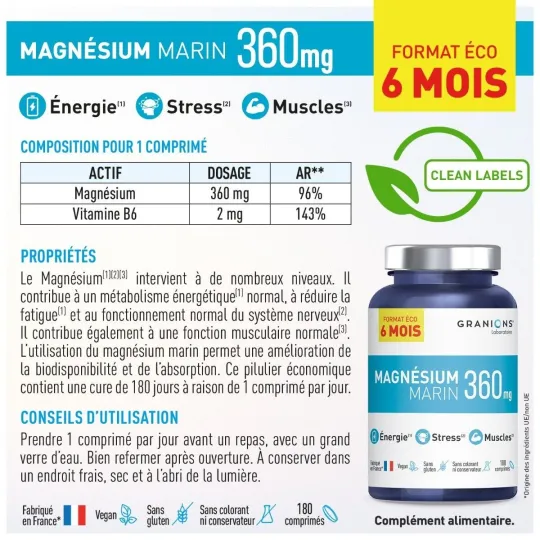 Granions Magnésium Marin 360mg 180 Comprimés Granions Magnésium Marin 360mg 180 Comprimés