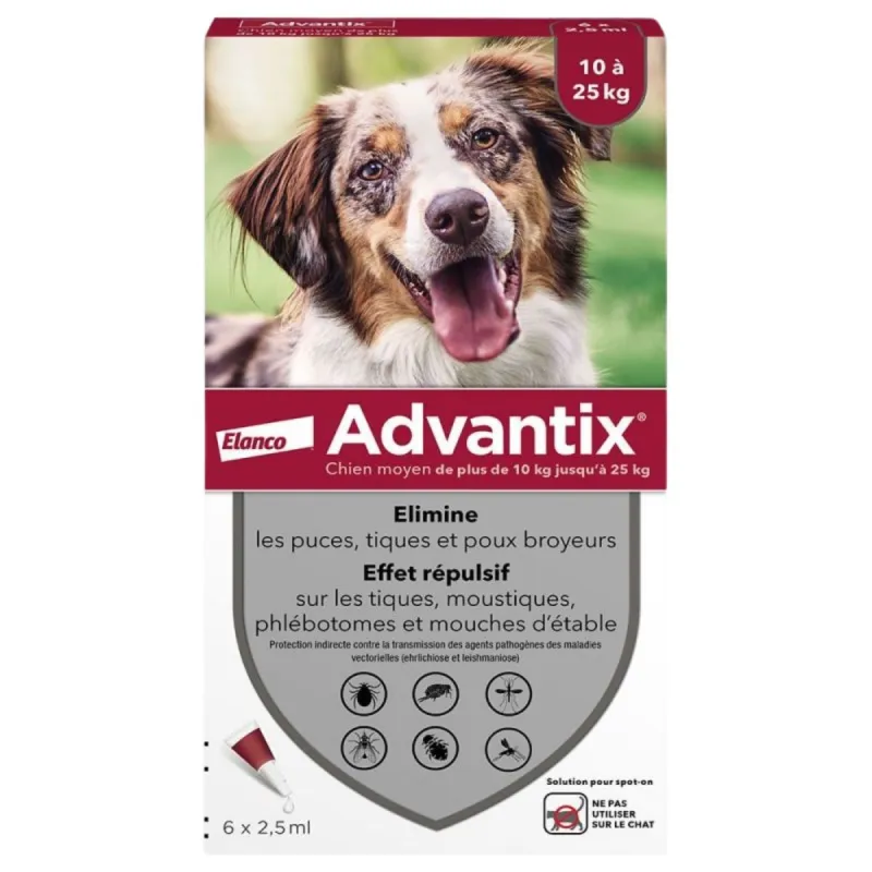 Advantix chien moyen de 10 kg à 25kg 6 pipettes