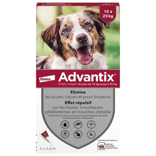 Advantix chien moyen de 10 kg à 25kg 4 pipettes Advantix chien moyen de 10 kg à 25kg 4 pipettes