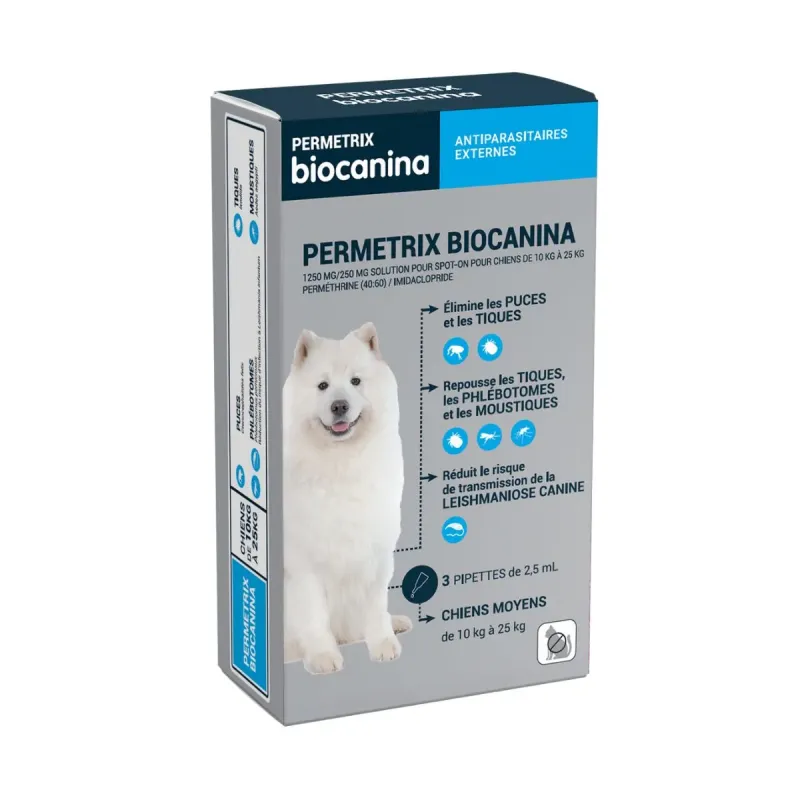 Biocanina Permetrix Chiens Moyens 3 pipettes de 2,5ml Biocanina Permetrix Chiens Moyens 3 pipettes de 2,5ml