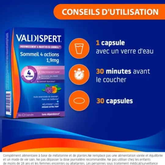 Valdispert Mélatonine 1.9mg 4 Actions 30 Capsules conseil d utilisation Valdispert Mélatonine 1.9mg 4 Actions 30 Capsules conseil d utilisation