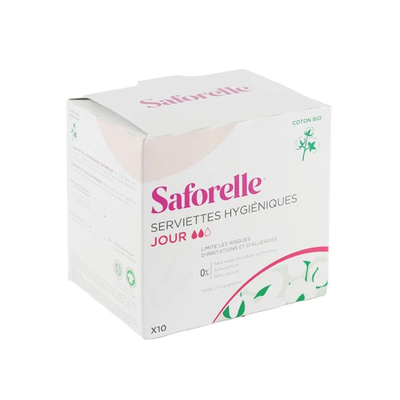 Saforelle Serviettes Hygièniques Coton Bio Extra Fines avec Ailettes