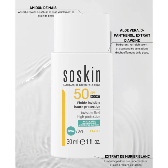 Soskin Solaire Fluide Invisible Pocket Taches Imperfections SPF50