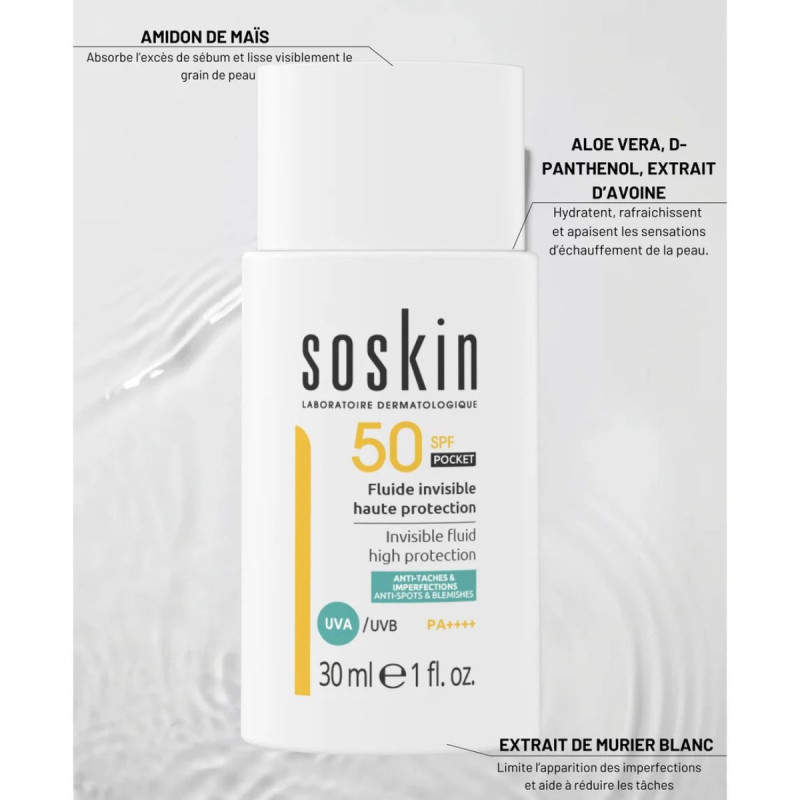 Soskin Solaire Fluide Invisible Pocket Taches Imperfections SPF50