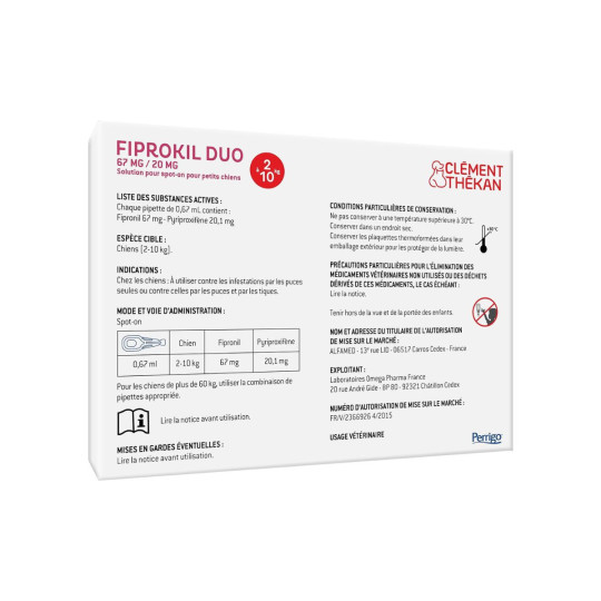 Clément Thékan Fiprokil Duo Chien Pipettes 2 a 10 kg derriere
