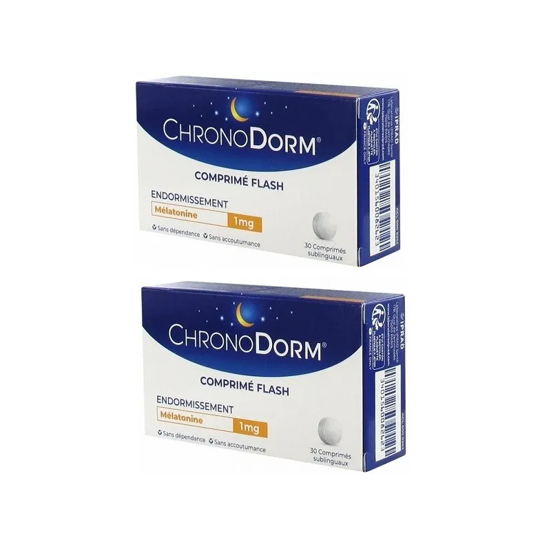 ChronoDorm Mélatonine 1mg 2X30 comprimés -30% sur 2ème Boîte ChronoDorm Mélatonine 1mg 2X30 comprimés -30% sur 2ème Boîte