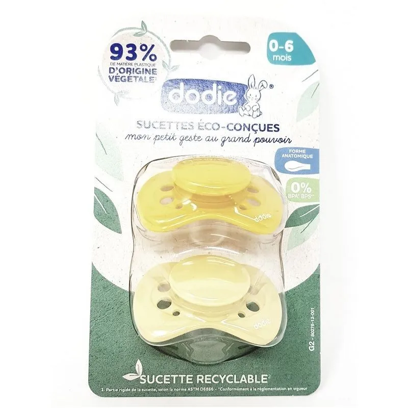 Dodie 2 Sucettes Eco Conçues de 0 à 6 mois Jaune