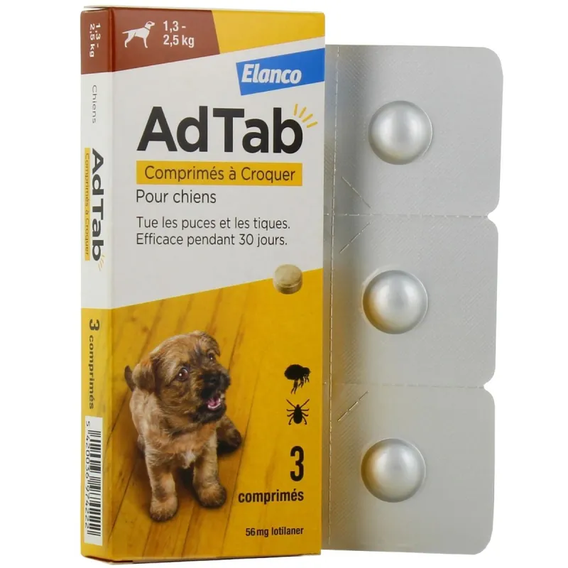 Elanco AdTab Puces et Tiques Chiens de 1.3 kg-2.5 kg 3 comprimés