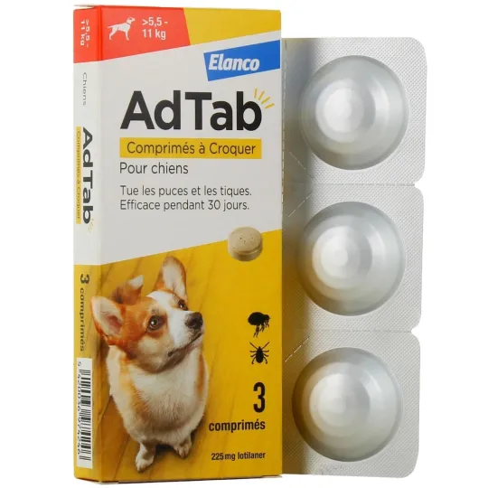 Elanco AdTab Puces et Tiques Chiens de 5.5kg-11kg 3 comprimés Elanco AdTab Puces et Tiques Chiens de 5.5kg-11kg 3 comprimés