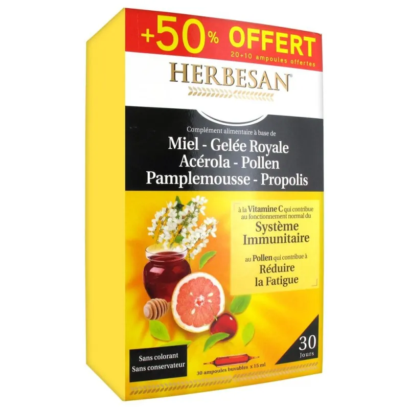 Herbesan Propolis Gelée Royale 20ampoules + 10 Offertes Herbesan Propolis Gelée Royale 20ampoules + 10 Offertes