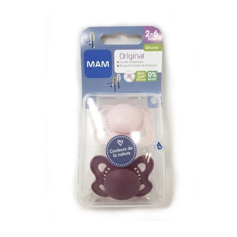 MAM Original 2 Sucettes Anatomique Silicone 2-6 mois Couleur Nature -Rose - Mauve