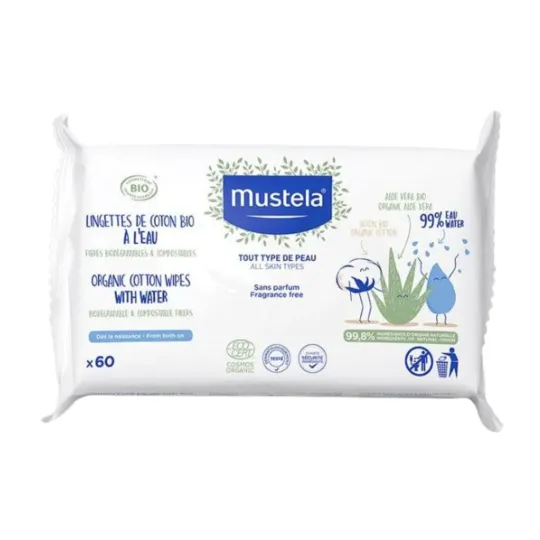 Mustela 60 Lingettes De Coton Bio à l'Eau Mustela 60 Lingettes De Coton Bio à l'Eau